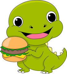 illustration of a doodle cartoon sticker with a food logo, a green dinosaur carrying a burger to be eaten