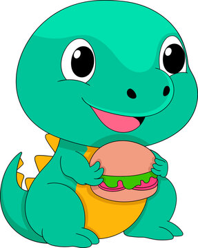 illustration of a doodle cartoon sticker with a food logo, a tosca dinosaur carrying a burger to be eaten