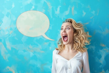 Mid adult business woman screaming in blank speech bubble on blue background.