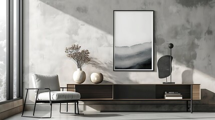 A mockup poster blank frame hanging on a sleek console table, above a cozy loveseat, den, Scandinavian style interior design