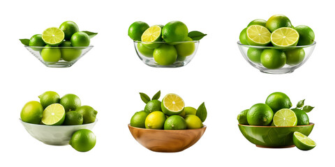 Collection bowl of fresh green limes isolated on a transparent background
