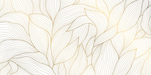 Fototapeta premium Vector gold leaves on white texture, luxury abstract plant background, line drawn foliage. Vintage elegant nature illustration.