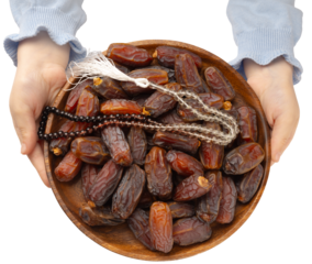 Date fruits and islamic rosary, top view image of child hands holding plate of date fruits and Islamic rosary. Holy month ramadan concept idea image. Isolated transparent png background.