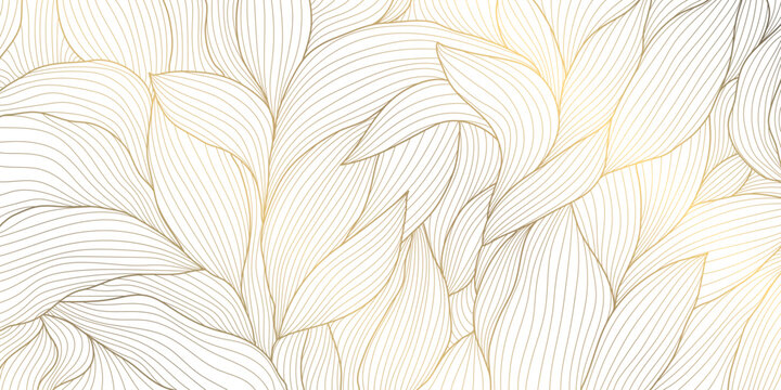 Vector gold leaves on white texture, luxury abstract plant background, line drawn foliage. Vintage elegant nature illustration.