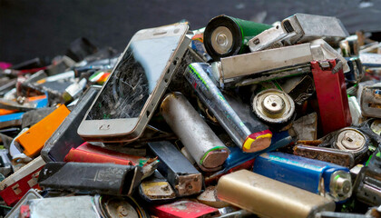 Electronic waste concept. Closeup of a large heap of waste smartphones and batteries in a landfill, full frame. Generative Ai.