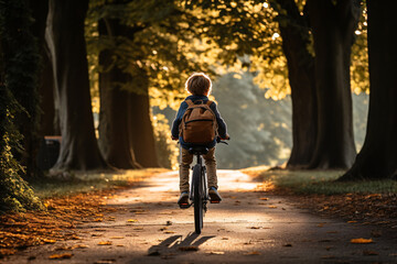 Sustainable travel. Rear view of a boy riding bicycle. Sustainable tourism and low carbon footprint. Eco-friendly journey to promote green transportation. Eco-friendly transport. - obrazy, fototapety, plakaty