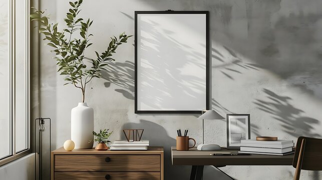A mockup poster blank frame hanging on an office table, above a modern chest drawer, study room, Scandinavian style interior design