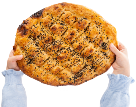 Ramadan bread, top view image of ramadan bread called Ramazan pide in Turkish. Special islamic holy month bakery in Turkey for Iftar and suhoor. Girl holding with two hands. Isolated transparent png.