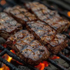 Close-up of a grilled beef steak. Concept of meat, bbq, barbeque, barbecue, gourmet cooking with fire and flame , grill, hot food
