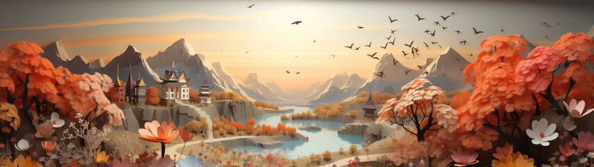 Serene Oriental Village Amidst Autumnal Mountains and Cherry Blossoms