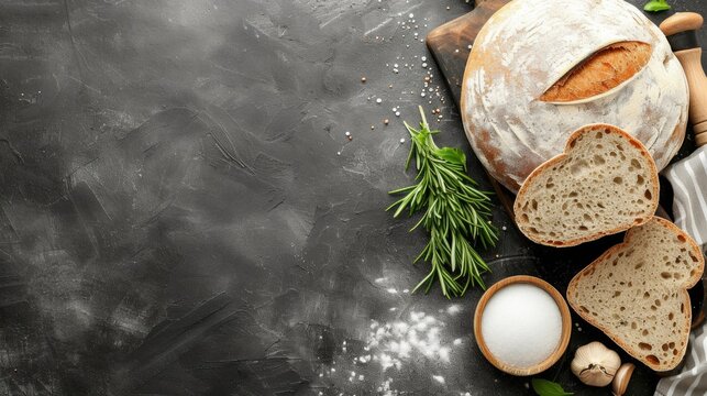 Homemade delicious bread presented on a sleek black tabletop, copy space for text