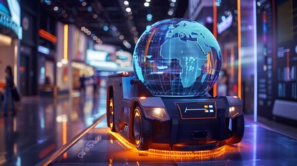 Innovative marketing display featuring an AGV with a holographic projection of a globe, symbolizing global logistics and delivery services.