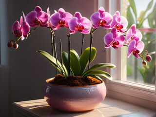 Morning Glow: Pink Orchids Grouped in Ceramic Pot, Basking in Sunlit Window. generative AI