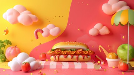 Whimsical 3D Hot Dog Picnic Scene