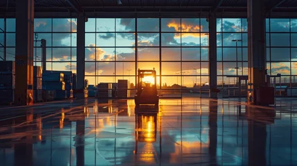 Fotobehang The silhouette of an Automated Guided Vehicle (AGV) is cast by a dramatic sunset seen through the expansive windows of a warehouse. © Old Man Stocker