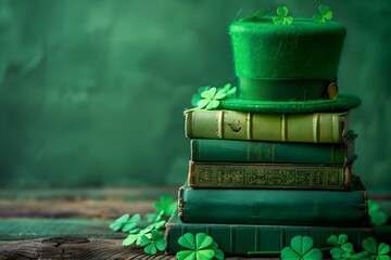A book club with St Patricks Day themed discussions and green book covers. Concept St, Patrick's Day, Green Book Covers, Themed Discussions, Book Club, Literature - obrazy, fototapety, plakaty