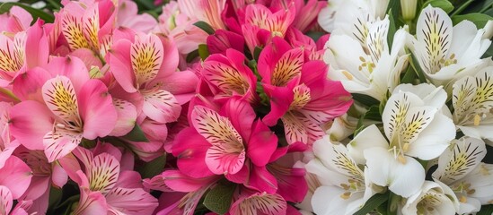 A closeup of a bouquet of pink and white flowers, showcasing their soft petals and vibrant colors....