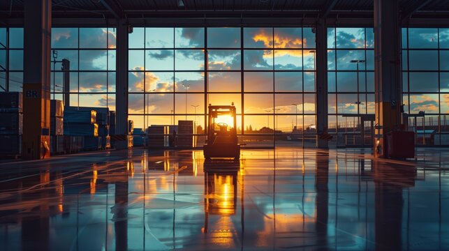The silhouette of an Automated Guided Vehicle (AGV) is cast by a dramatic sunset seen through the expansive windows of a warehouse.