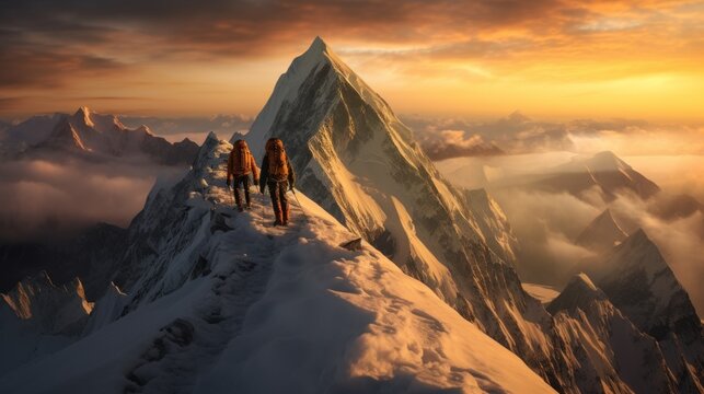 A group climbers on a snow ridge in the Alps