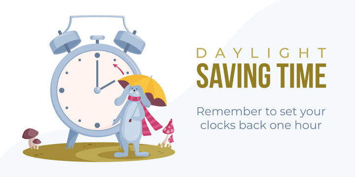Daylight saving time banner, poster with hare. Fall back concept vector illustration. Trendy cute style rabbit in scarf with umbrella turning alarm clock hand an hour backward.