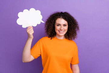 Photo of sweet charming lady dressed orange t-shirt rising mind cloud empty space isolated violet...