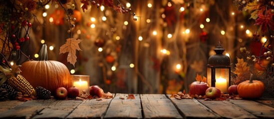Rustic wooden table adorned with festive pumpkins and elegant candles for autumn decoration