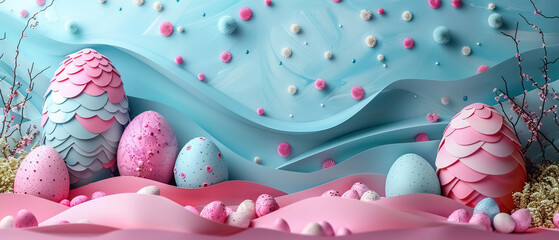 Easter eggs background cover banner ,papercut art pastel color, copy space for add text, paper craft , Easter illustration, wave paper