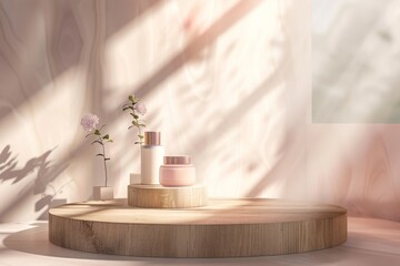 Fototapeta na wymiar Skin care products on a wooden podium with bright lighting on a pastel background