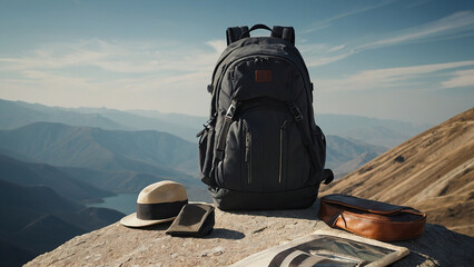 A tourist backpack against the backdrop of a beautiful landscape. Symbol of travel and freedom. - obrazy, fototapety, plakaty