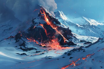 Lava from an awakened volcano covers snow fields - obrazy, fototapety, plakaty