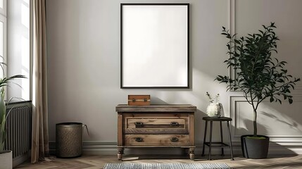 A mockup poster blank frame hanging on a vintage writing desk, above a modern chest drawer, study room, Scandinavian style interior design