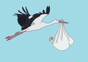 Hand-drawn flying stork with a newborn in flat design on blue background