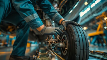 Close-up of an aviation engineer&rsquo;s hands adjusting components of a commercial airplane&rsquo;s landing gear in the spacious aircraft repair factory.