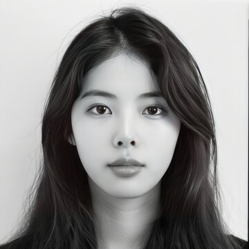 Formal ID photo style of a young Korean woman in her mid-20s with slightly wavy, voluminous, and shiny long hair that reaches her shoulders. Her face has a slightly wider space between the eyebrows