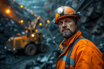 Miner in high visibility gear stands in front of active dump trucks at a mining site, representing the industry's human element. - obrazy, fototapety, plakaty