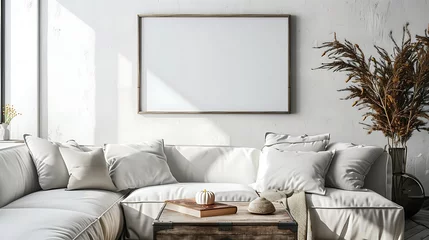 Fotobehang A mockup poster blank frame hanging on a salvaged trunk, above a sleek sectional, studio apartment, Scandinavian style interior design © inaamart