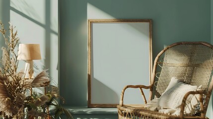 A mockup poster blank frame on a wicker rocking chair, adorned with a dried flower arrangement and minimalist lamp, in muted greens and blues