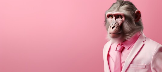 Monkey in business suit at corporate workplace, studio shot with copy space on plain wall for text.