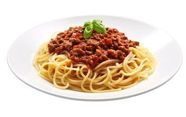 White Plate With Spaghetti and Meat. A white plate is filled with a generous serving of spaghetti topped with savory meat sauce. on White or PNG Transparent Background.