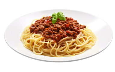 White Plate With Spaghetti and Meat. A white plate is filled with a generous serving of spaghetti topped with savory meat sauce. on White or PNG Transparent Background.