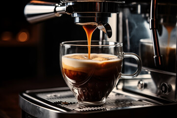 Fototapeta premium Coffee espresso from coffee machine pour in white cup. Making black coffee with foam