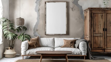 A mockup poster blank frame hanging on a retro wardrobe, above a contemporary couch, entertainment room, Scandinavian style interior design