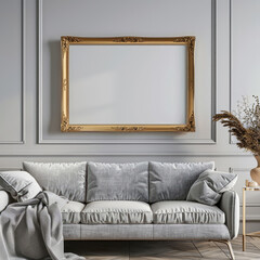 Home interior design, living room with sofa and empty blank mock-up golden frame on a gray wall.	
