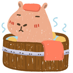 Capybara in a wooden bath with oranges