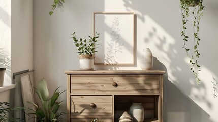 A mockup poster blank frame in a Scandinavian-inspired interior, above a retro chest drawer, surrounded by stacked ceramic planters, in light and airy pastels