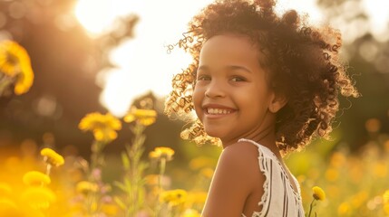 Sun-kissed Joy: Young Girl Smiling in a Luminous Field of Yellow Flowers
