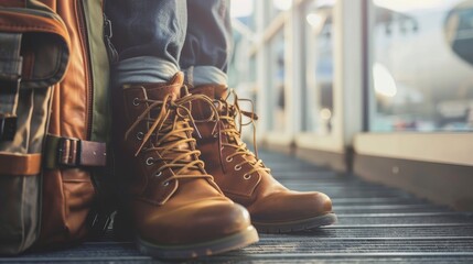 Adventure Awaits: Close-Up of Traveler's Boots and Backpack on Journey - obrazy, fototapety, plakaty