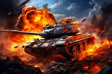 War Concept. 3D Illustration of a battle tank in flames.