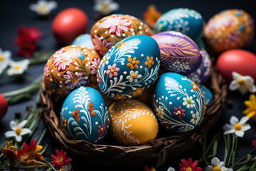 Fototapeta na wymiar Colorful painted easter eggs in basket on black wooden background.