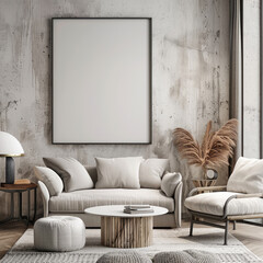 Home interior design, living room with sofa and empty blank mock-up frame on a gray wall.	
